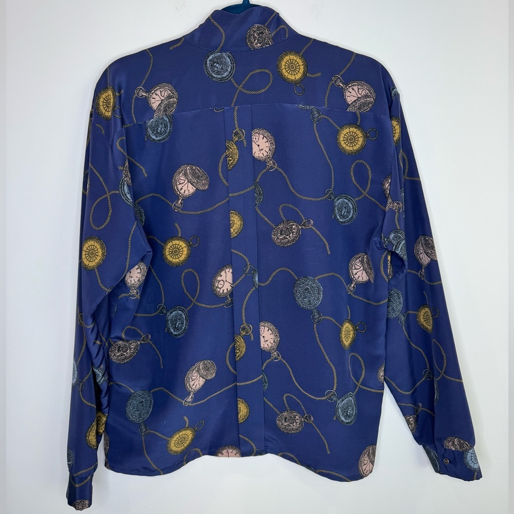 Vintage purple Button-Up Shirt with Clock Pattern novelty size 12 artsy quirky - Picture 11 of 11